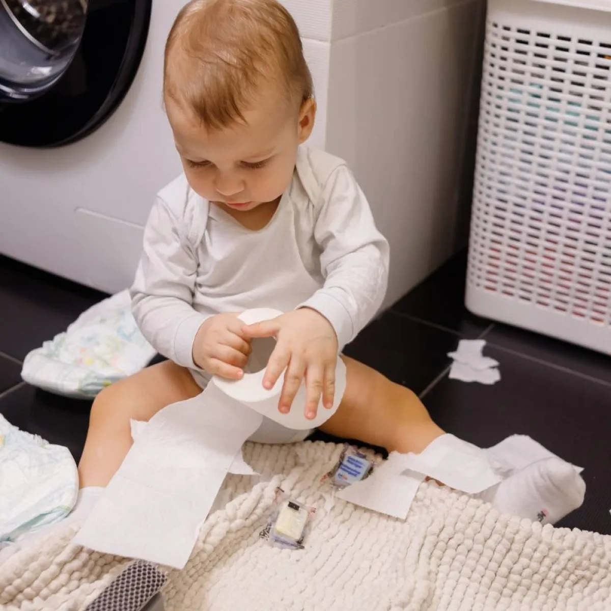 صورة لطفل يجلس بالحمام