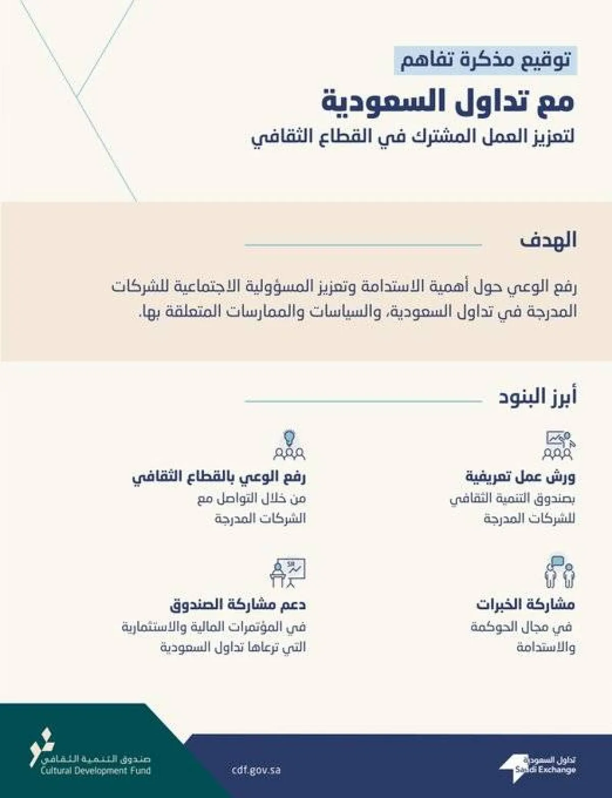 توقيع مذكرة تفاهم بين صندوق التنمية الثقافي و"تداول السعودية" - الصورة من حساب الصندوق على تويتر