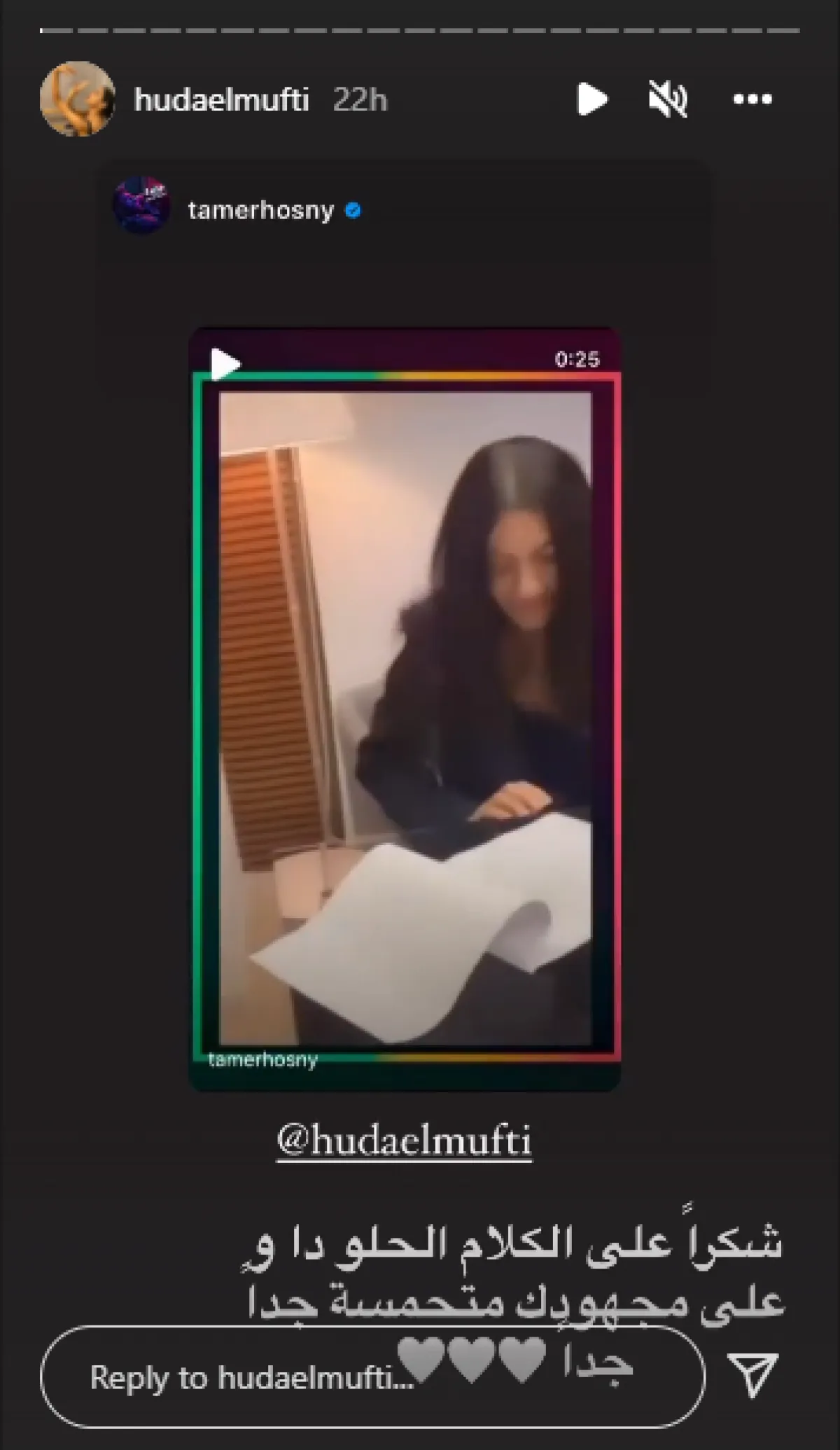 هدى المفتي ترد على تهنئة تامر حسني لها عبر ستوري انستغرام - الصورة من حسابها على انستغرام