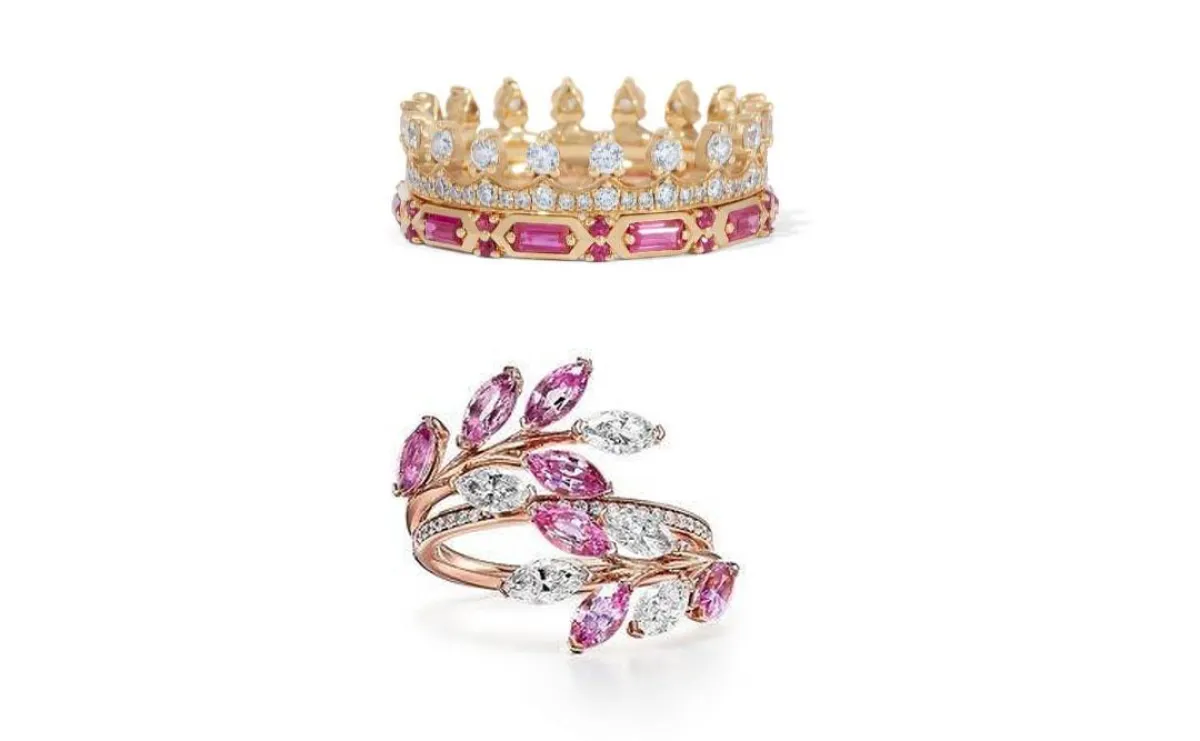 خواتم ذهب وردي مرصعة بالياقوت لعروس