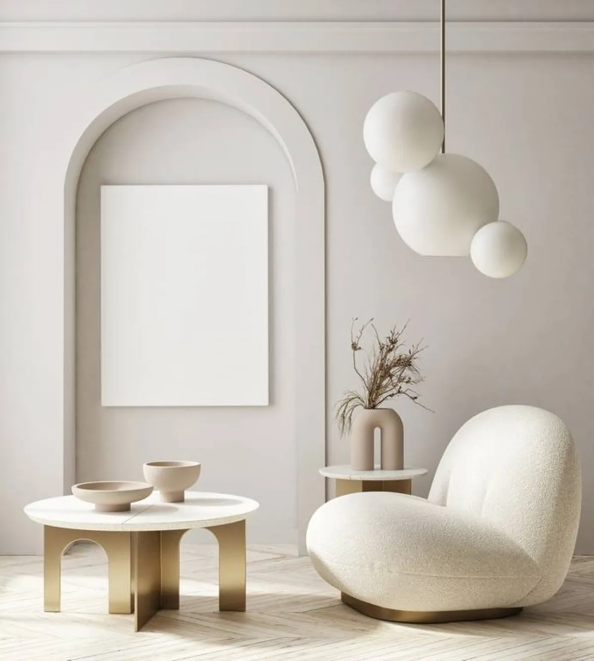 نسيج "البوكليه" الذي يبطّن المقعد الجانبي، بالإضافة إلى الطاولتين المستديرتين، كلّها عناصر تطبع الغرفة بالطابع الأنثوي