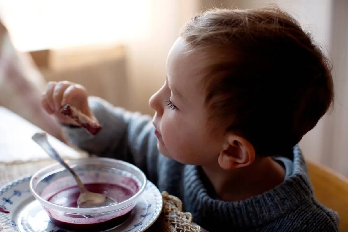 صورة لطفل يأكل الخبز بالشوكولاته