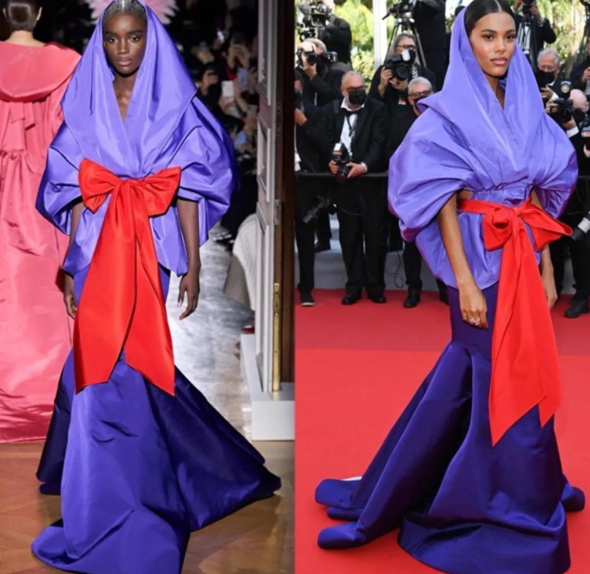 تينا كوناكي ترتدي الفستان البنفسجي والأحمر