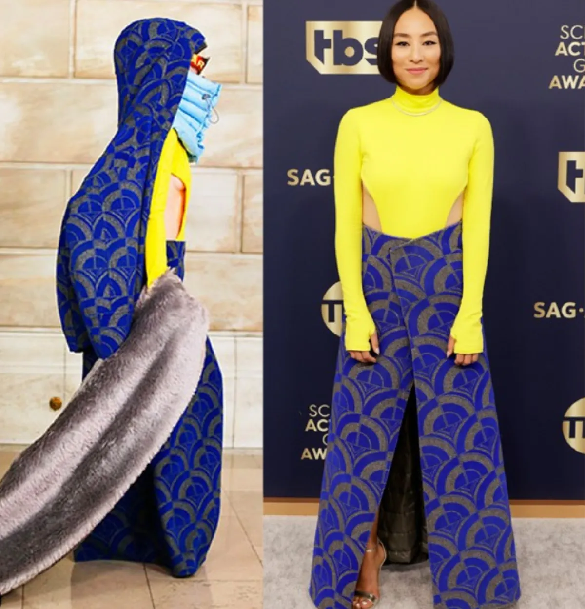 غريتا لي ترتدي البنفسجي والأصفر