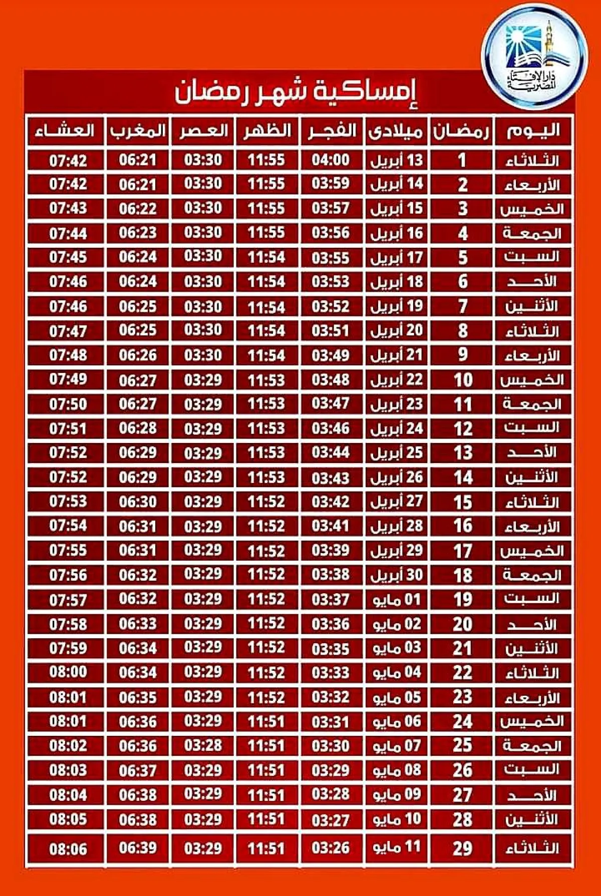 إمساكية شهر رمضان 2022