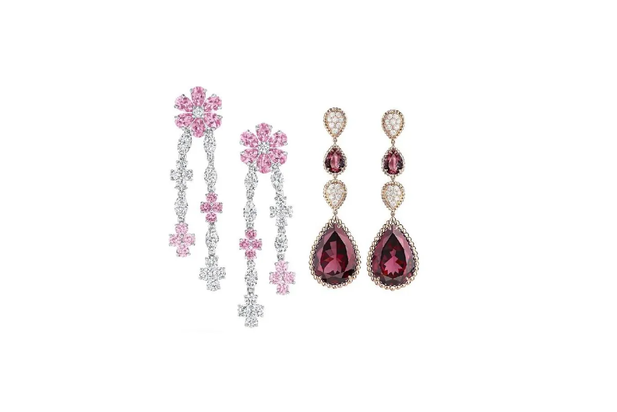 أقراط طويلة مرصعة بالأحجار الكريمة الملونة لإطلالة جذابة لعروس 2022