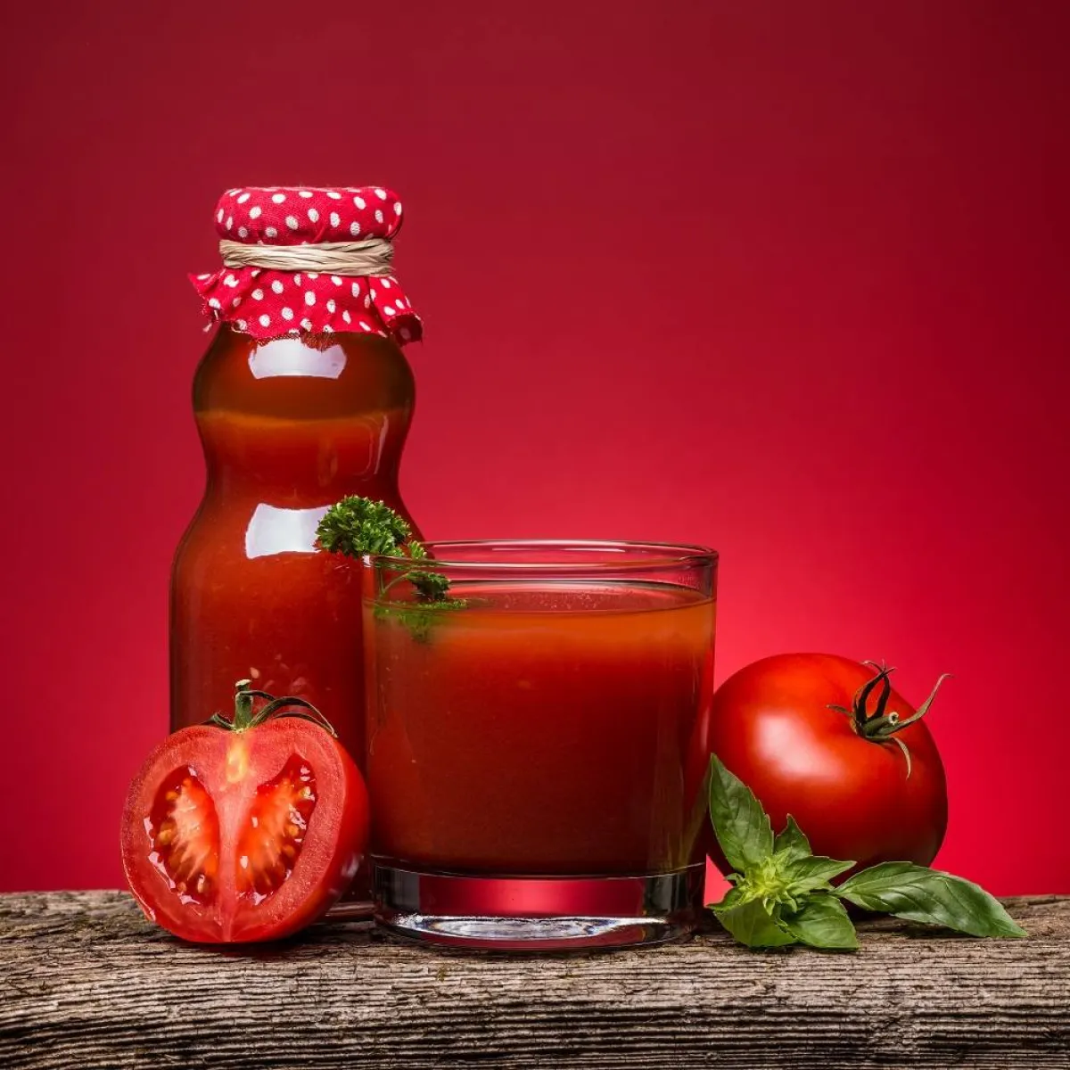 كوب وزجاجة من عصير الطماطم