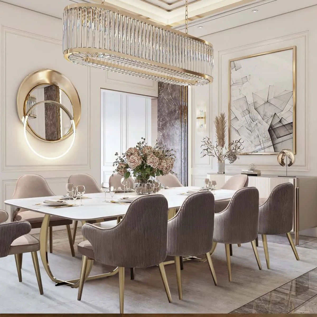 خطّة الديكور تتركّز على غرفة الطعام، التي تدور فيها مأدبة الغداء