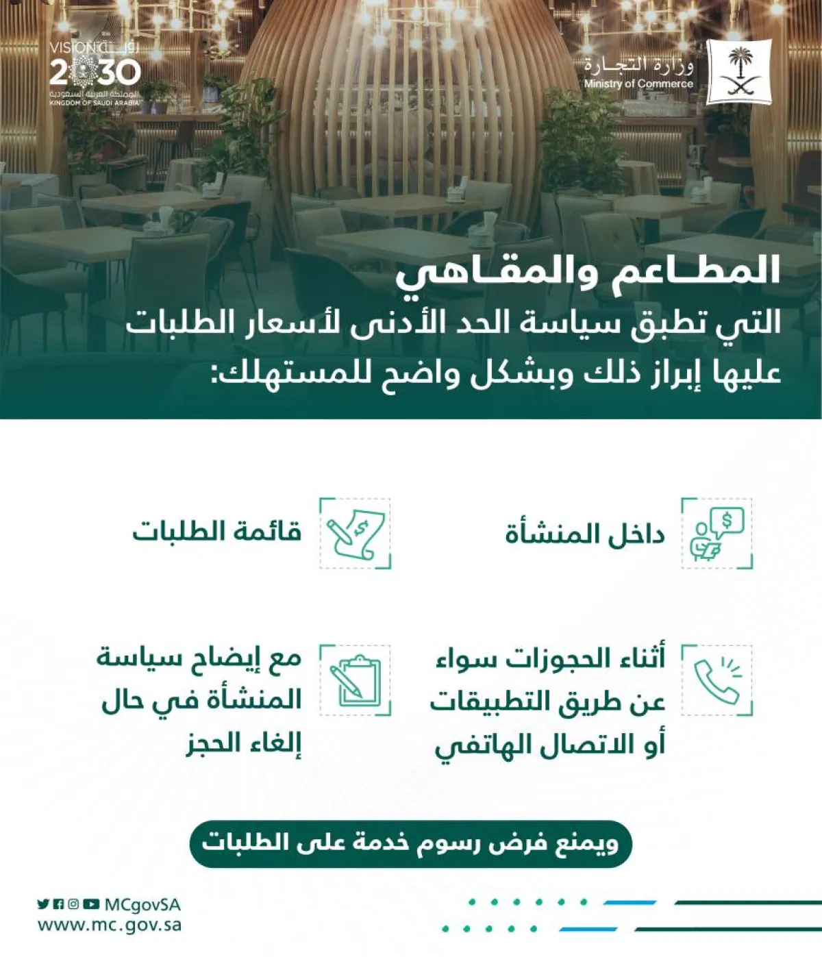 المطاعم والمقاهي التي تضع الحد الأدنى للطلبات ملزمة بإيضاح ذلك للمستهلك بشكل واضح