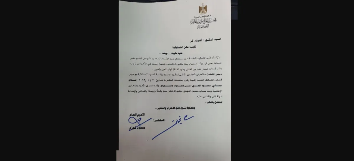 لقطة شاشة من قرار المجلس الأعلى للإعلام في مصر ضد محمود المهدي
