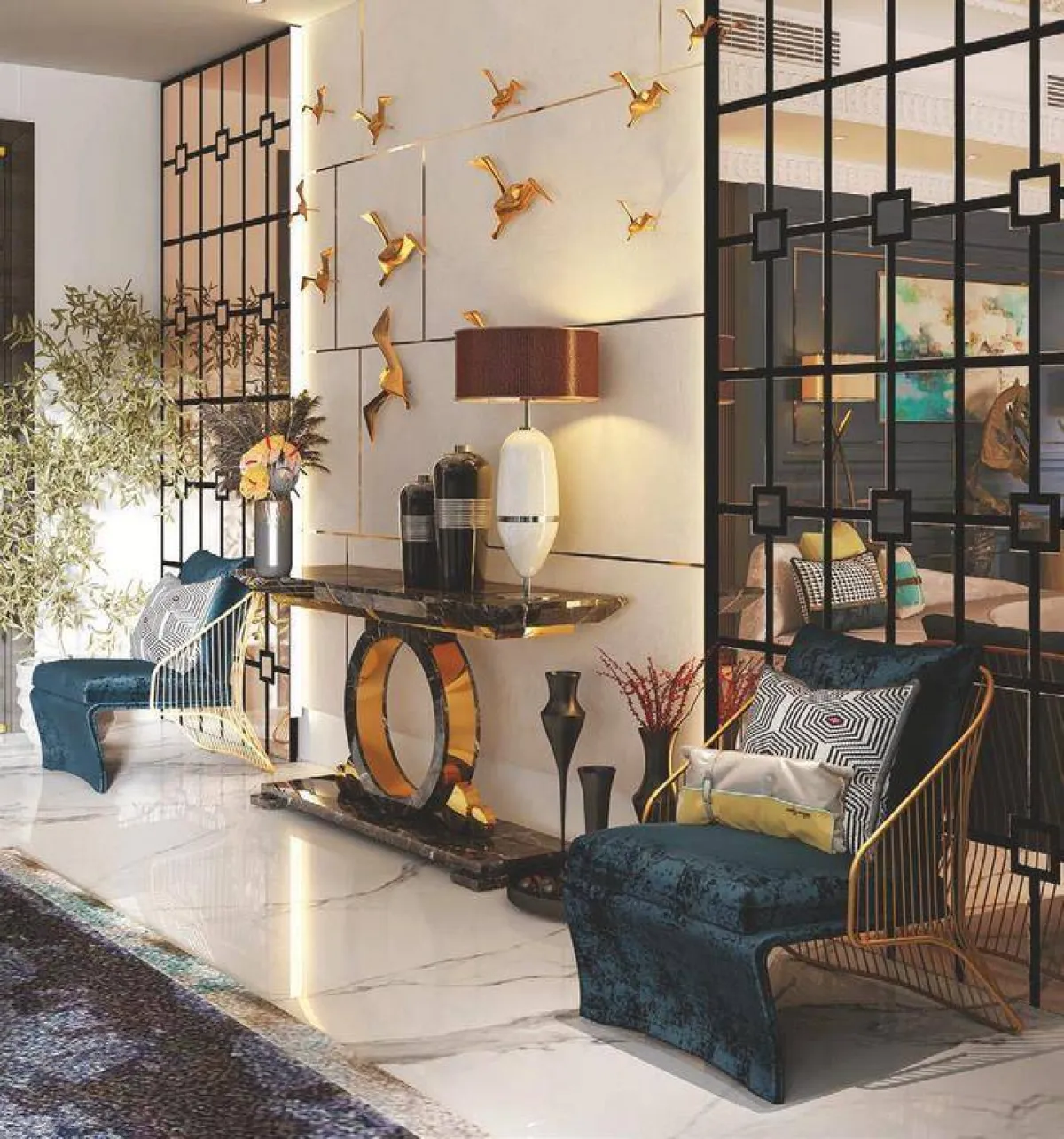 زاوية يتقدّمها مقعدان مكسوان بنسيج مصبوغ بأحد تدرّجات الأزرق