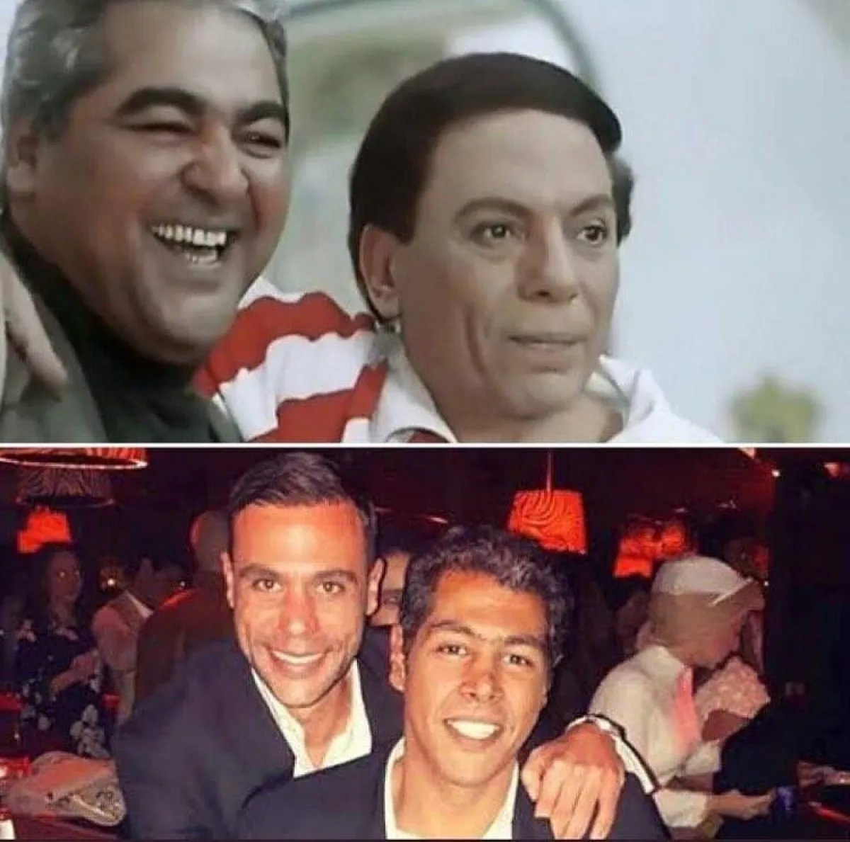 صورة تجمع بين جيلين: عادل إمام ومصطفى متولي ومحمد عادل إمام وعمر مصطفى متولي - صورة من حساب عمر متولي على إنستجرام