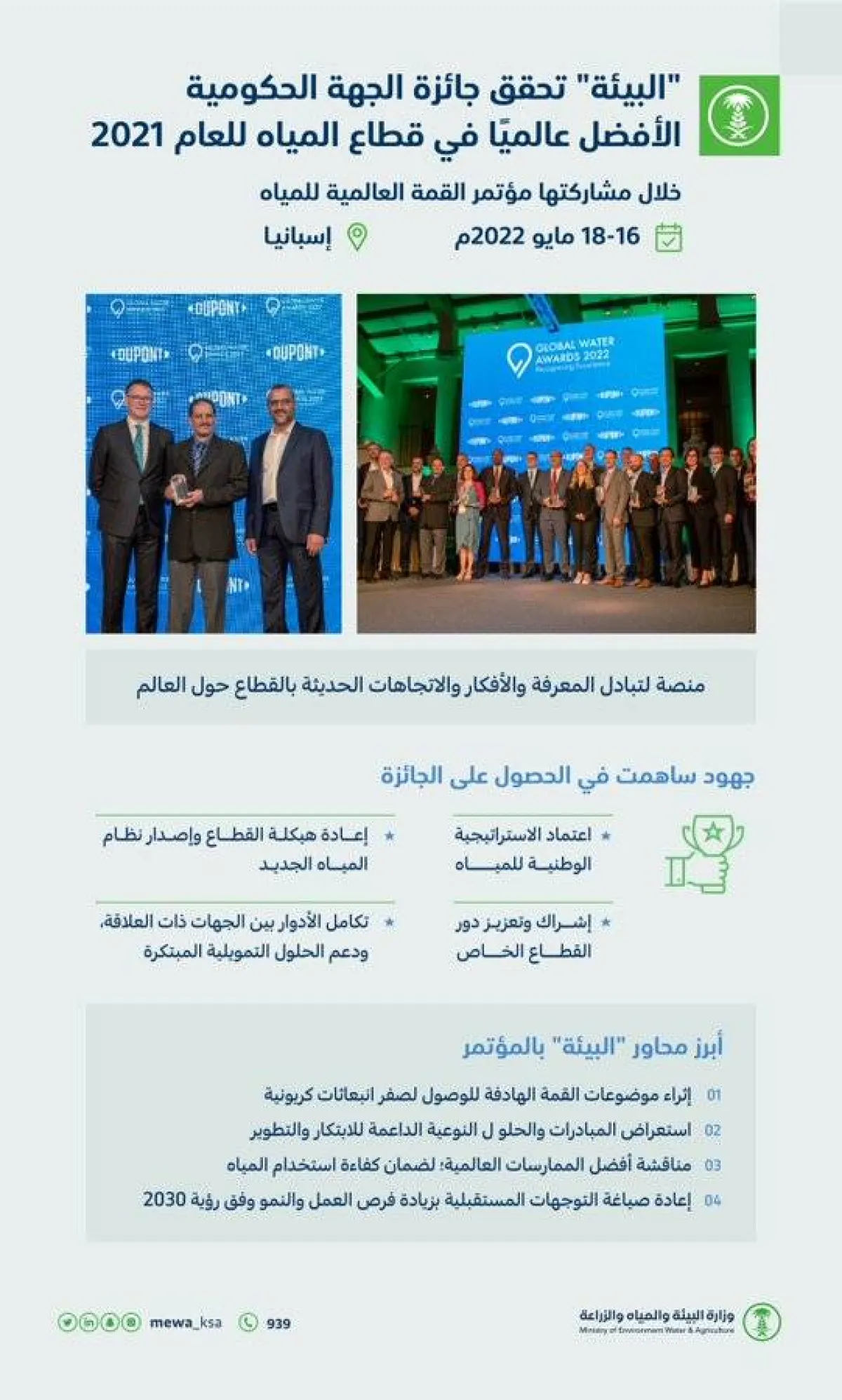 ​​​​​​​وزارة البيئة والمياه والزراعة تحصد جائزة الجهة الحكومية الأفضل عالميًا في قطاع المياه للعام 2021 - الصورة من حساب الوزارة على تويتر