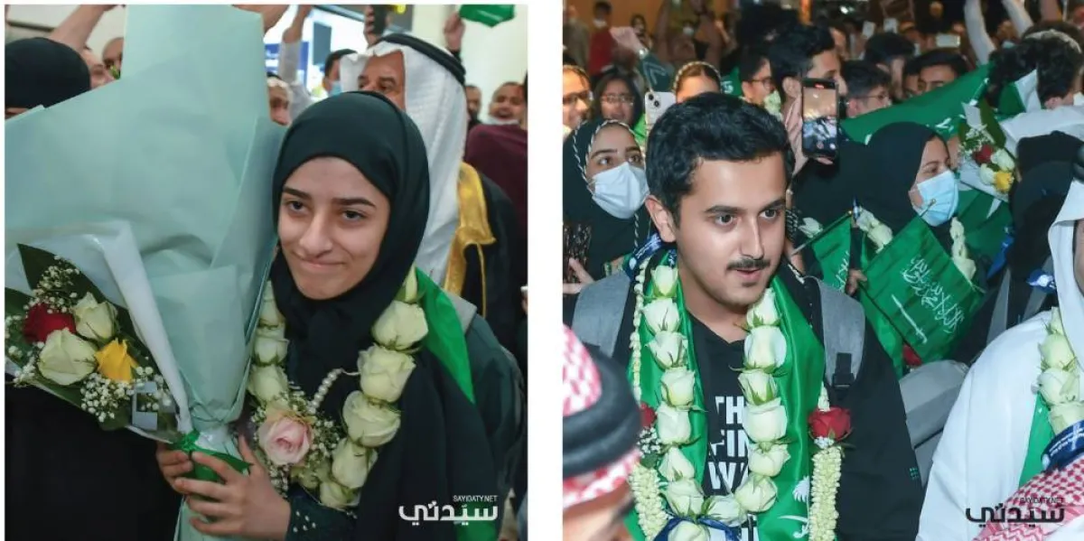 الفائز بالمركز الأول وجائزة أفضل عالم شاب عبدالله الغامدي - الفائزة في المركز الأول في علم الكيمياء دانة العيثان