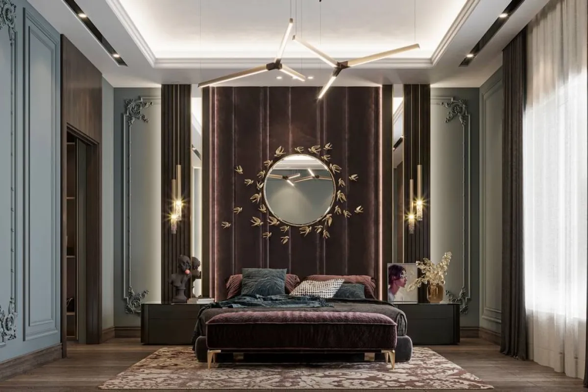 مرآة جميلة التصميم في غرفة النوم