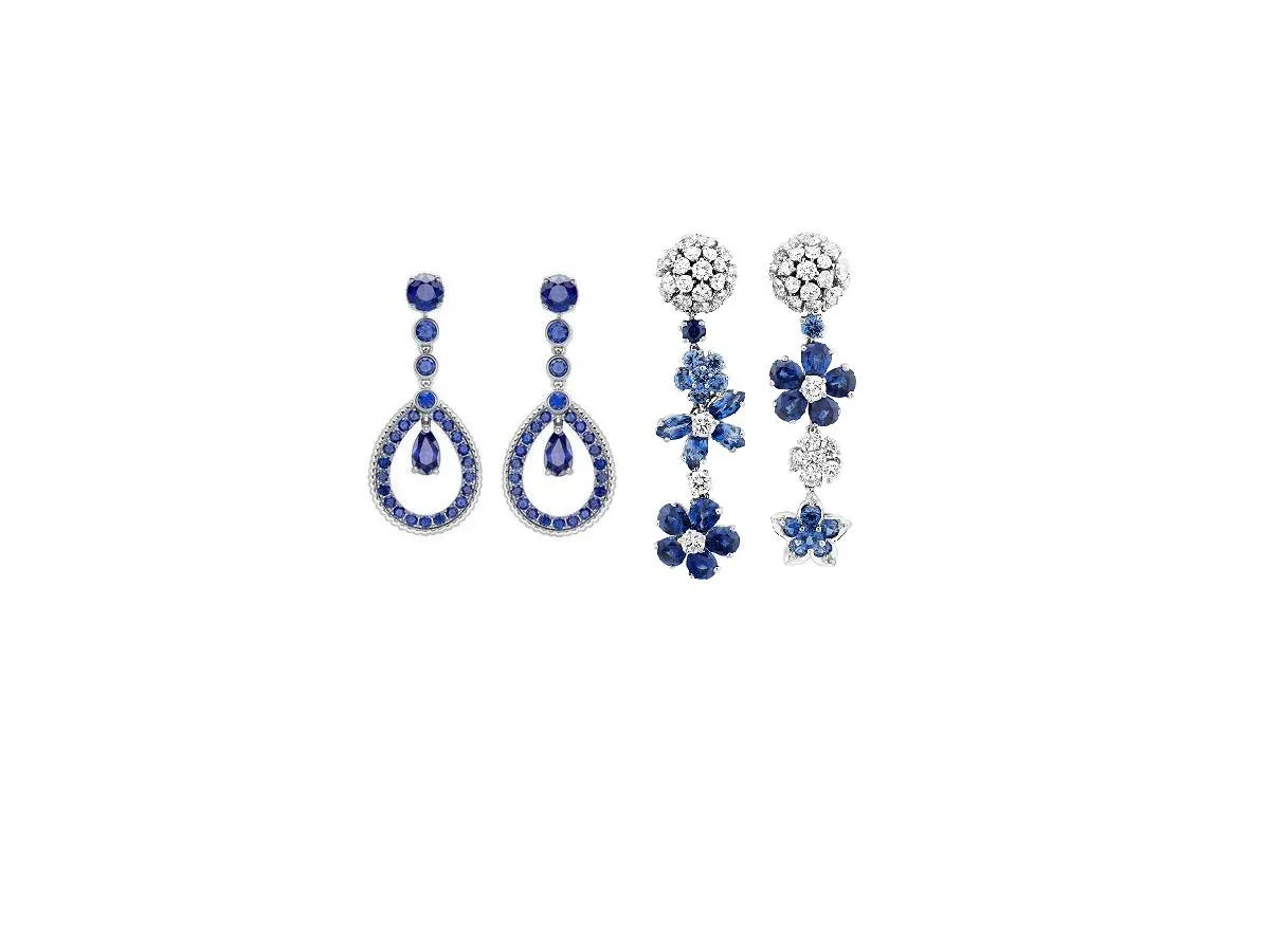 أقراط طويلة مرصوفة بالياقوت الأزرق لإطلالة فخمة لعروس 2022