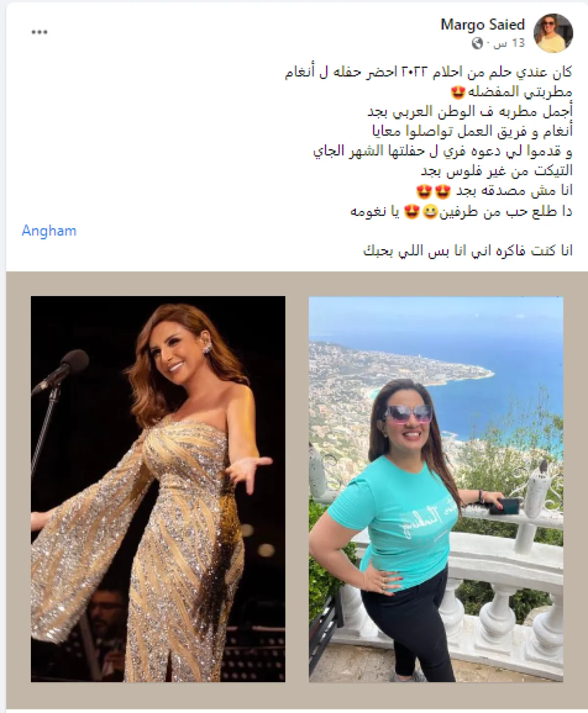 أنغام تحقق حلم المعجبة مارجو سعيد وتدعوها لحفلها القادم - الصورة من حساب معجبة أنغام على فيسبوك