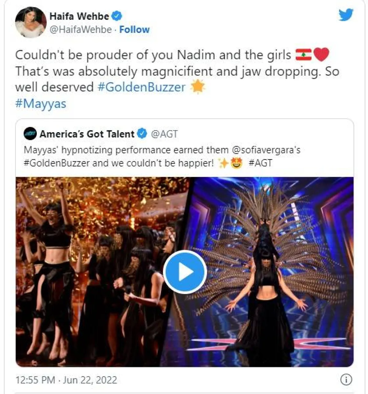 هيفاء وهبي تهنئ الفرقة الاستعراضية اللبنانية "مياس"، لحصولهم على الباز الذهبي - سكرين شوت من حسابها على تويتر