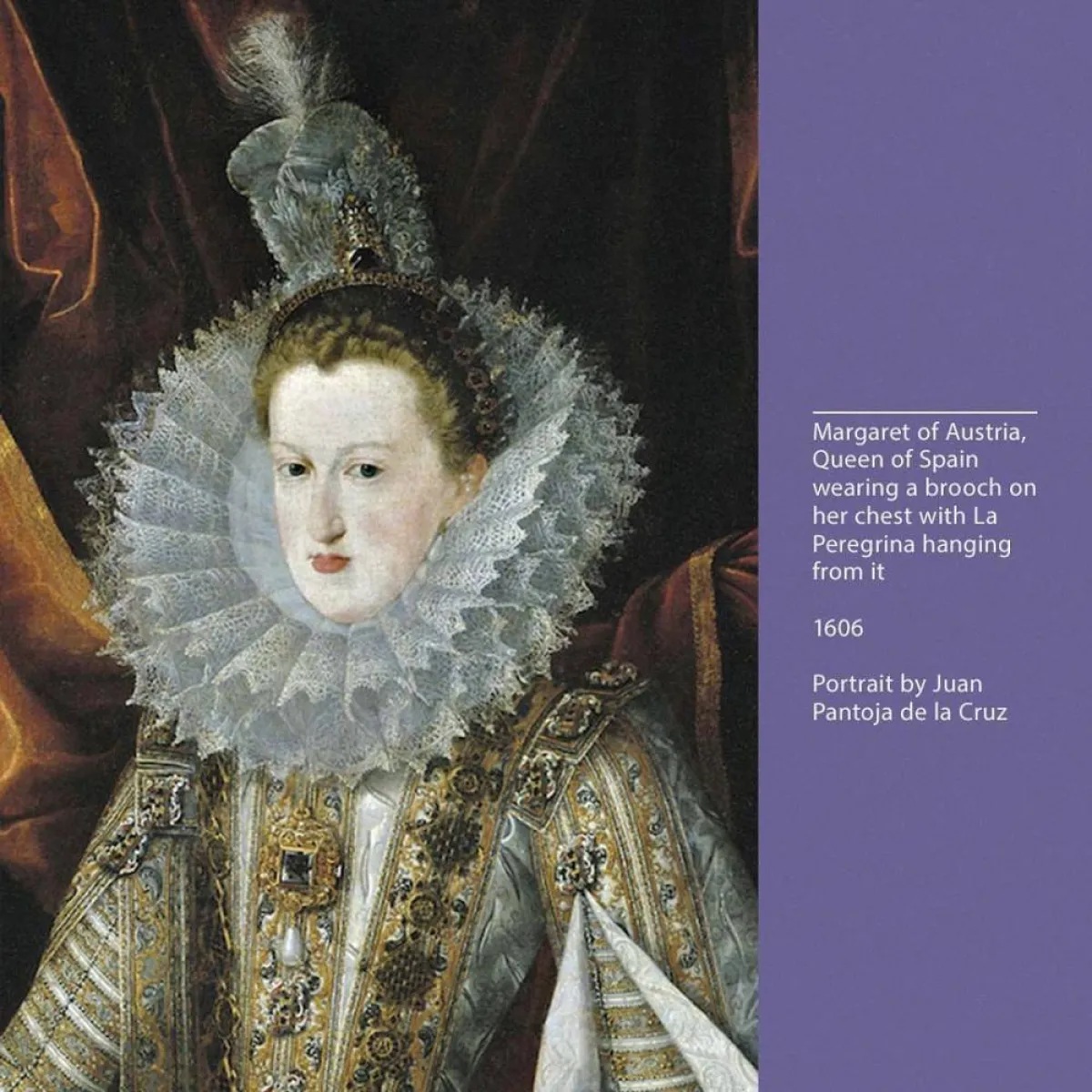 لوحة للملكة مارغريت وهي ترتدي بروش بلؤلؤة La Peregrina- الصورة من الحساب الرسمي للممثلة الراحلة على انستغرام