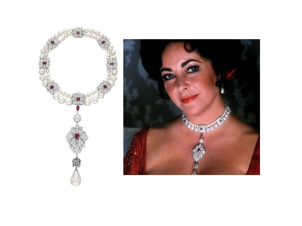 صورة إليزابيث تايلور من صفحتها الرسمية على انستغرام وصورة العقد من موقع دار المزادات البريطانية Christie's