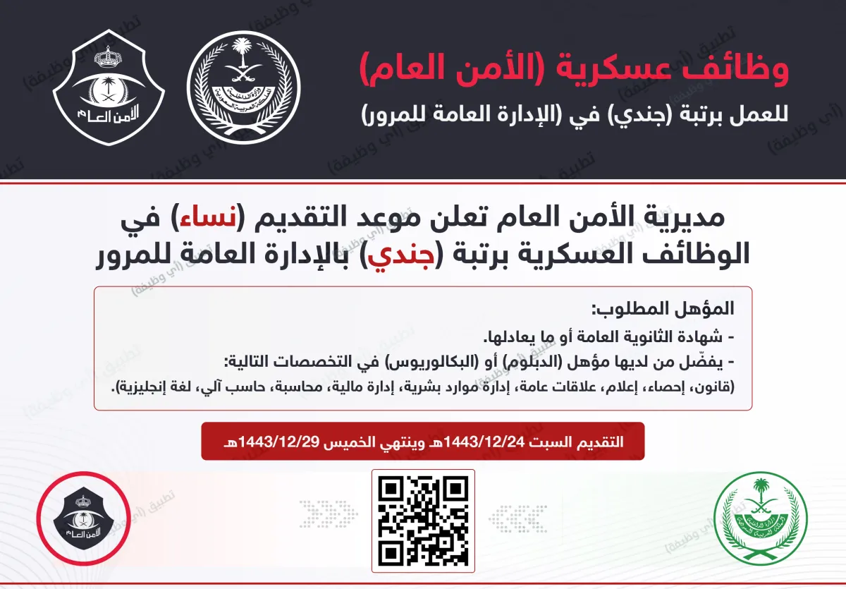 وظائف للنساء في الإدارة العامة للمرور 