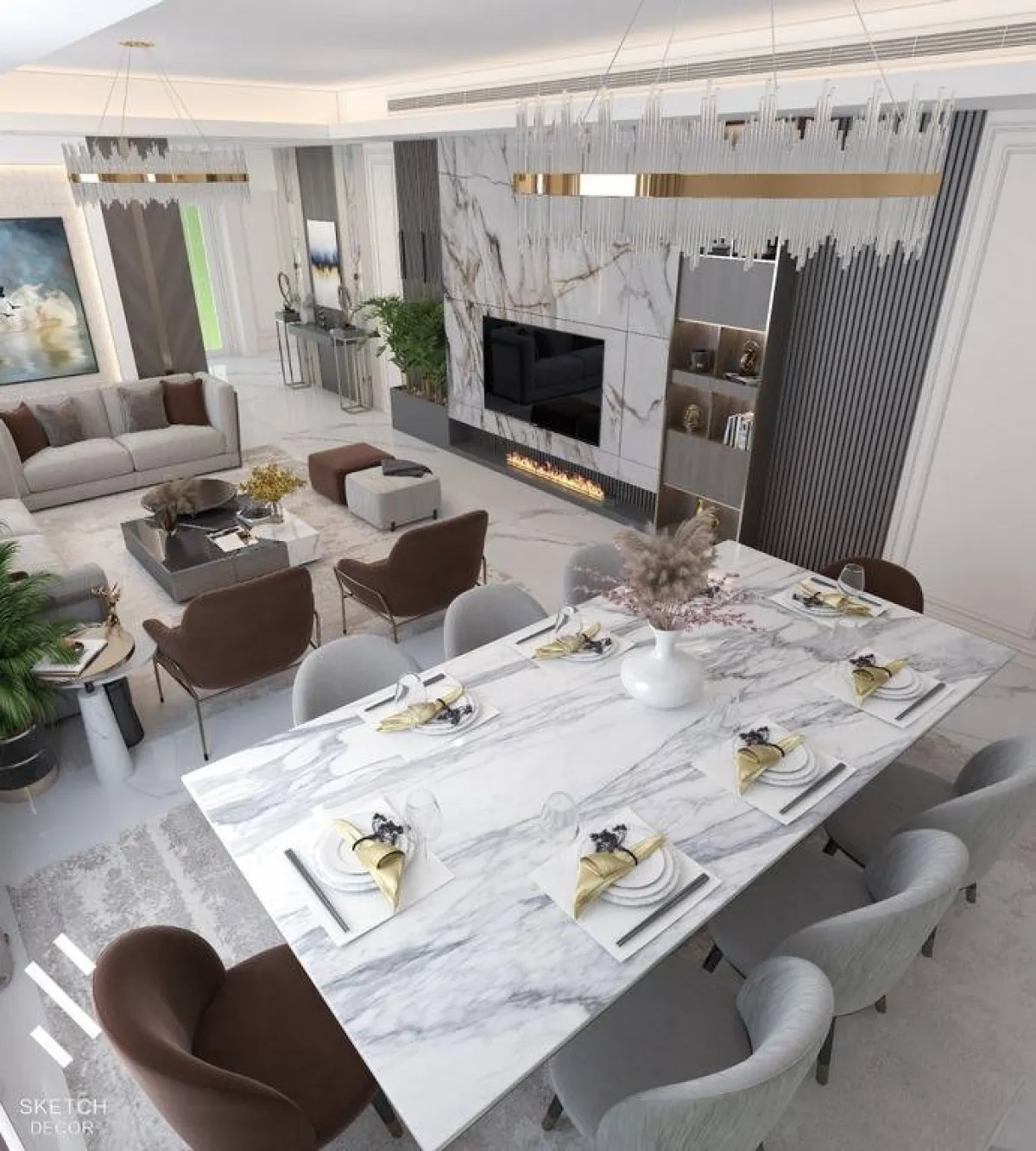 مجموعة من الطاولات في منطقة الاستقبال