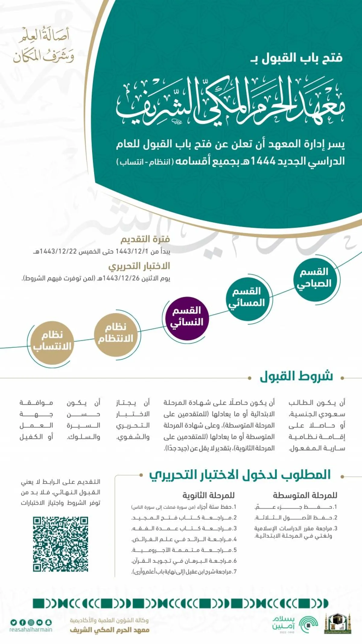 فتح باب القبول بمعهد الحرم المكي الشريف للعام الدراسي 1444 هـ - الصورة من حساب رئاسة شؤون الحرمين على تويتر