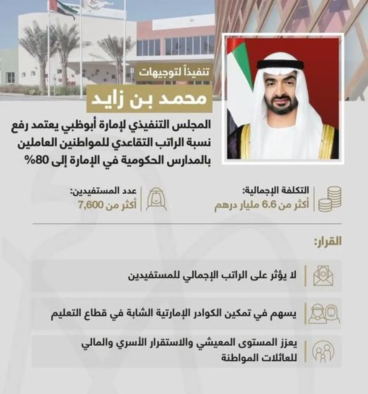 رفع نسبة الراتب التقاعدي للمواطنين العاملين بالمدارس الحكومية في أبوظبي. الصورة من تويتر مكتب أبوظبي الإعلامي