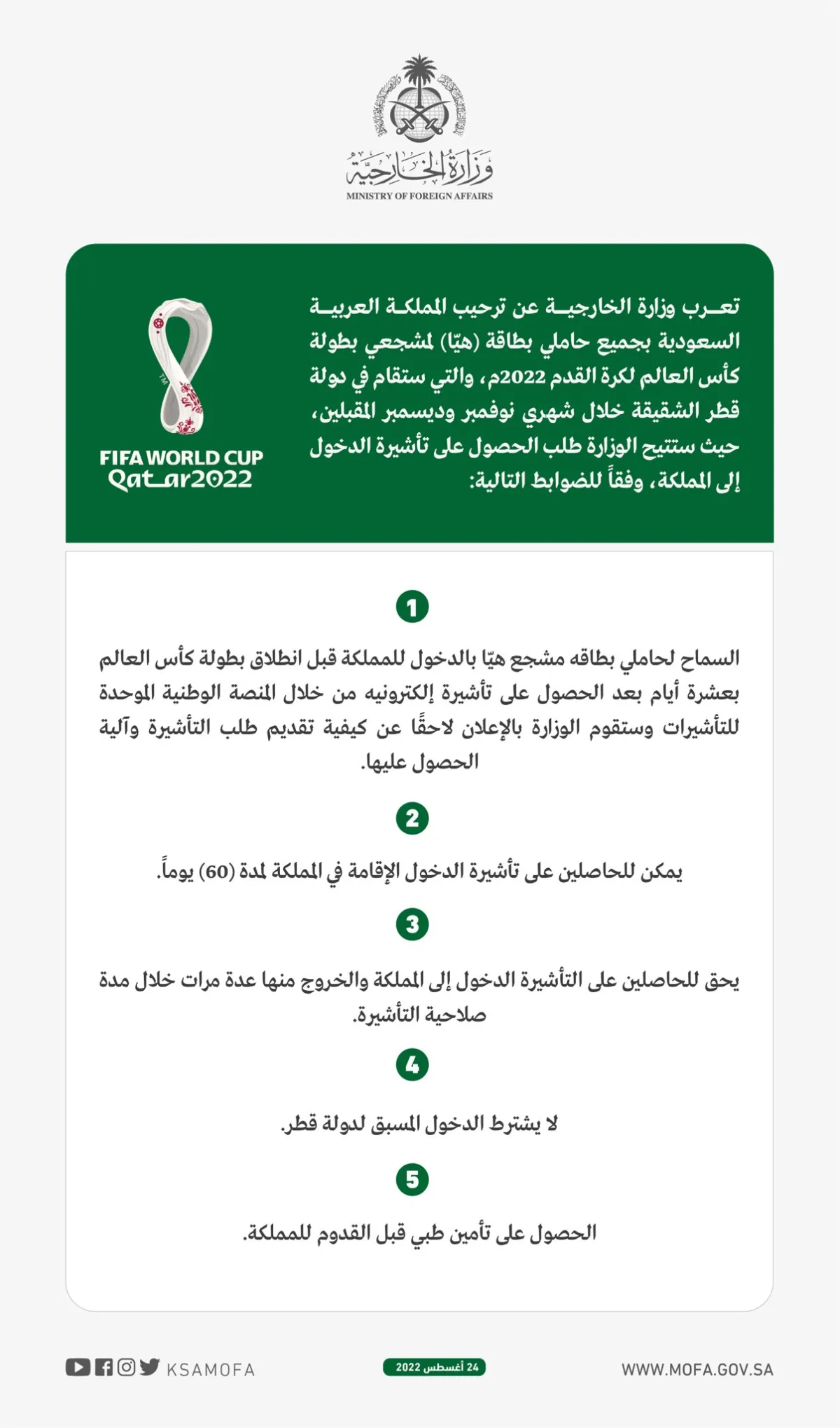 السعودية ترحب بدخول حاملي بطاقة "هيًا"- الصورة من حساب الخارجية السعودية على تويتر 