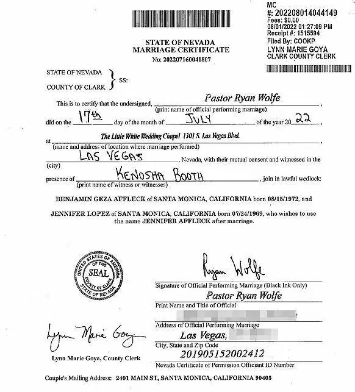 وثيقة زواج بن أفليك وجينيفر لوبيز 