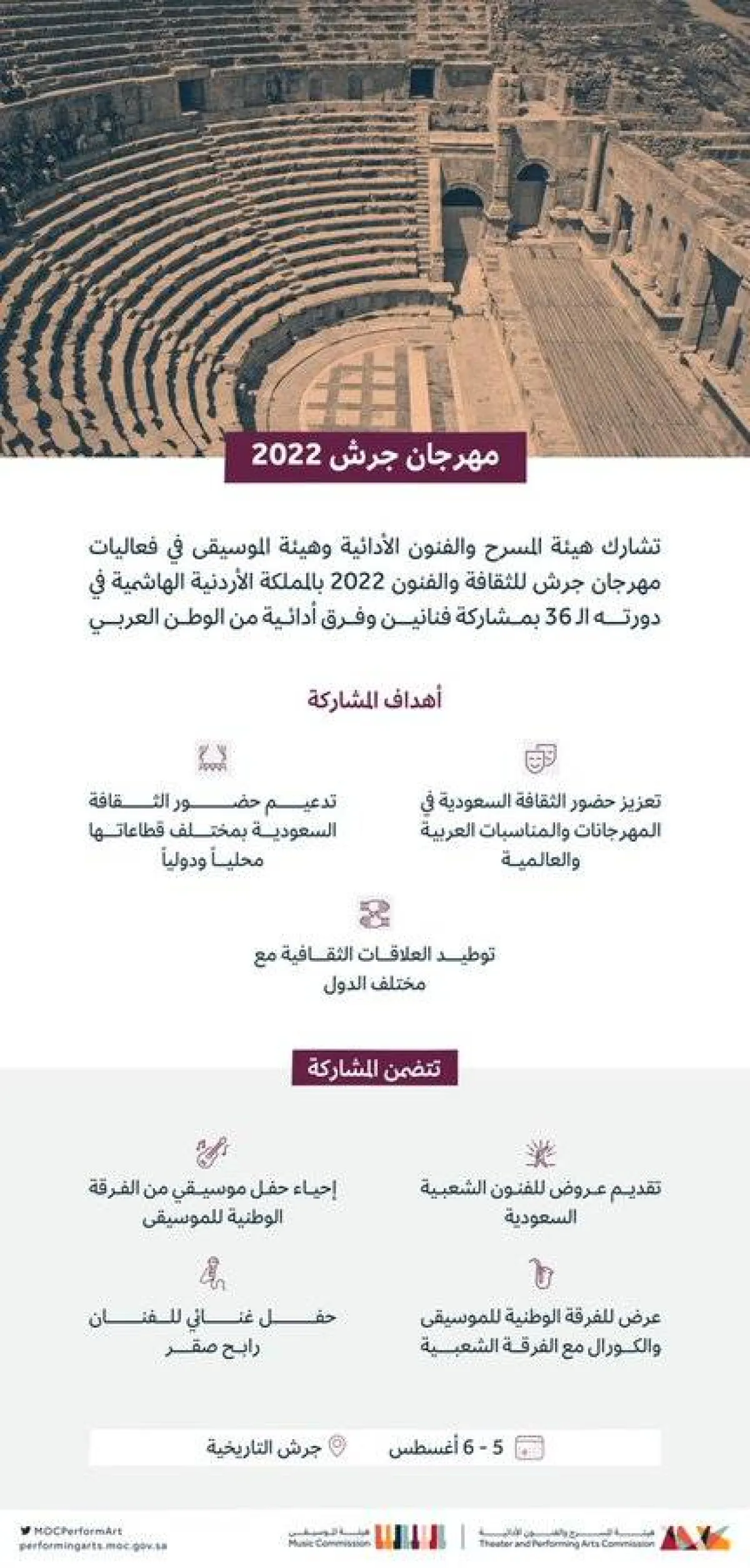 هيئتا الموسيقى والمسرح والفنون الأدائية تشاركان في مهرجان جرش 2022