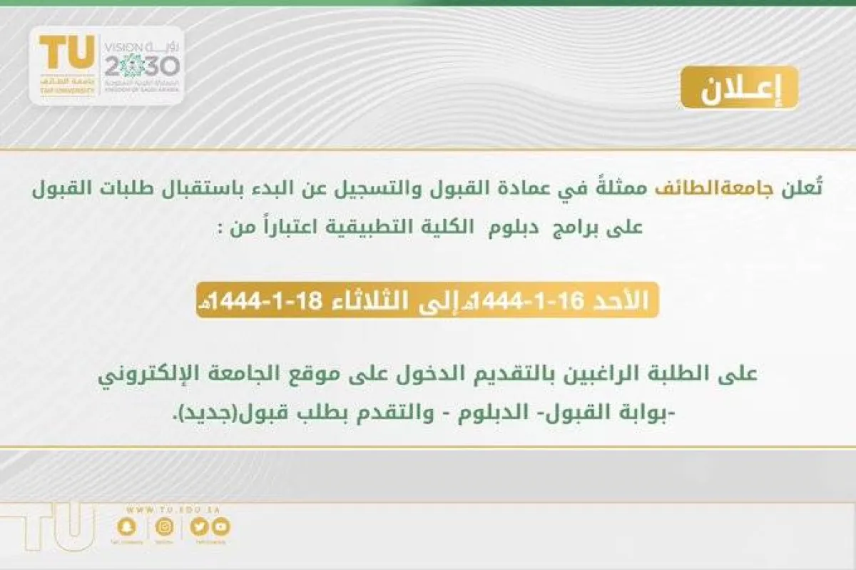 بدء استقبال طلبات القبول في برامج الدبلوم بالكلية التطبيقية
