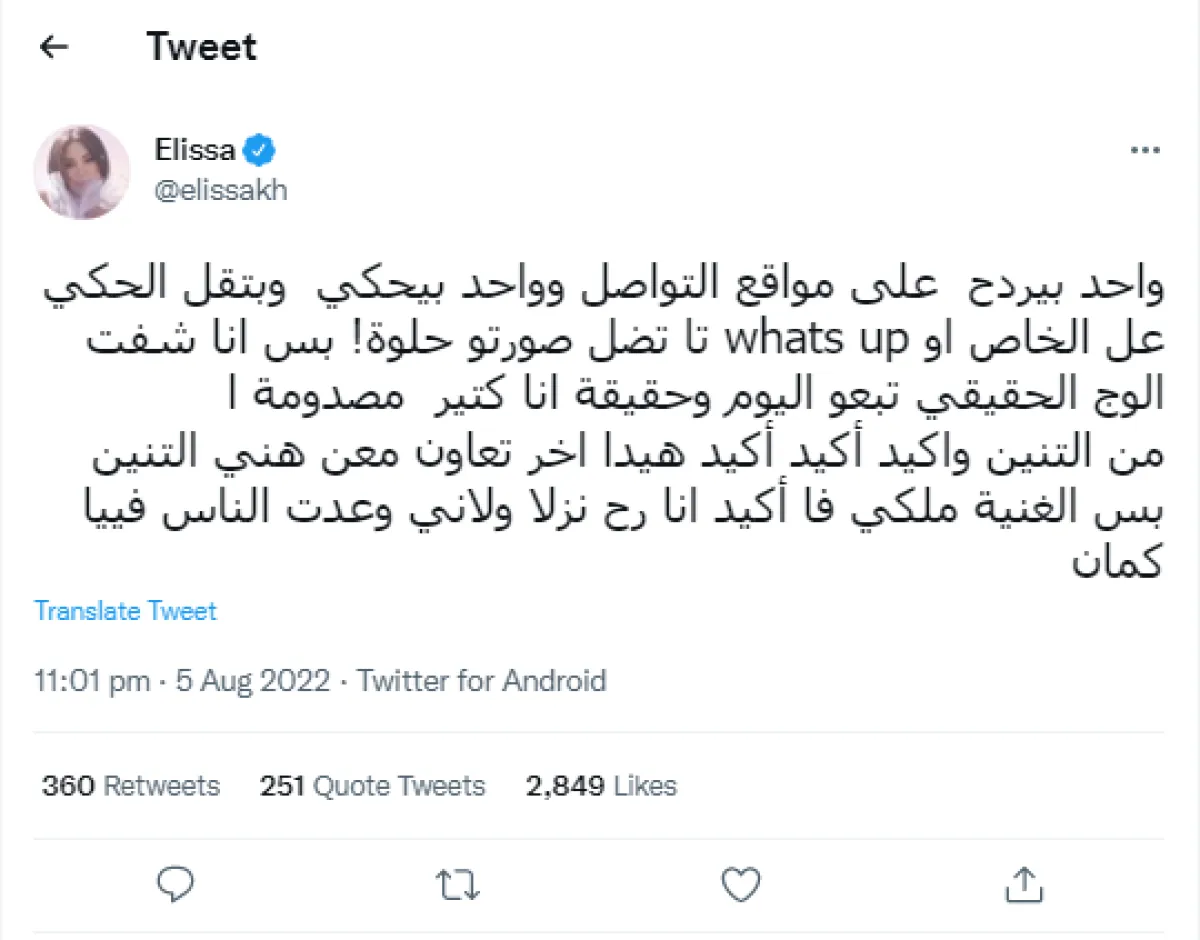 لقطة شاشة من تغريدة إليسا من حسابها على تويتر