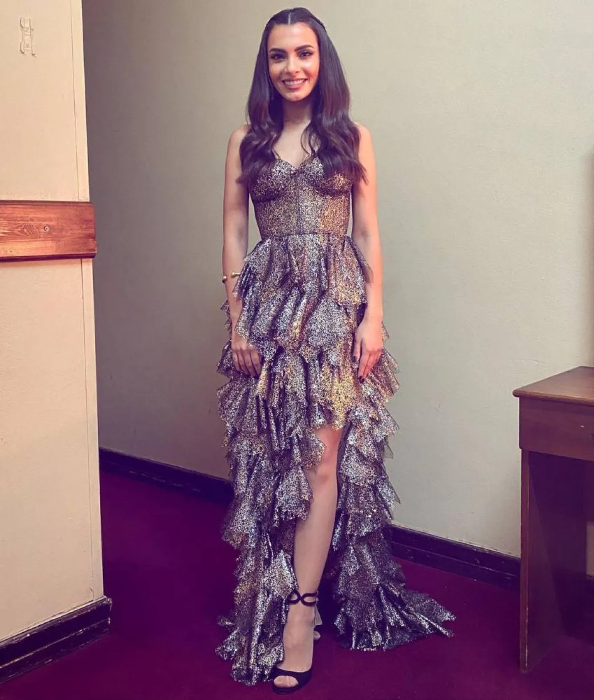 كارمن سليمان بفستان طويل ميتاليك 