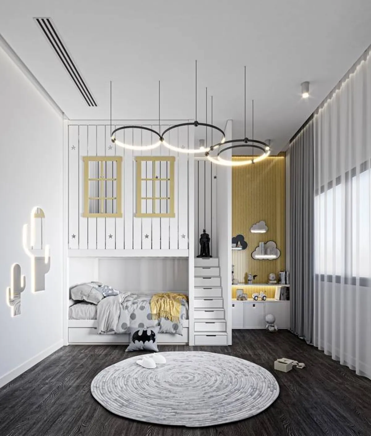 سريران يرتفعان فوق بعضهما البعض بغرفة النوم، فيما يستقبل الجزء الباقي من الجدار مكانًا للتخزين