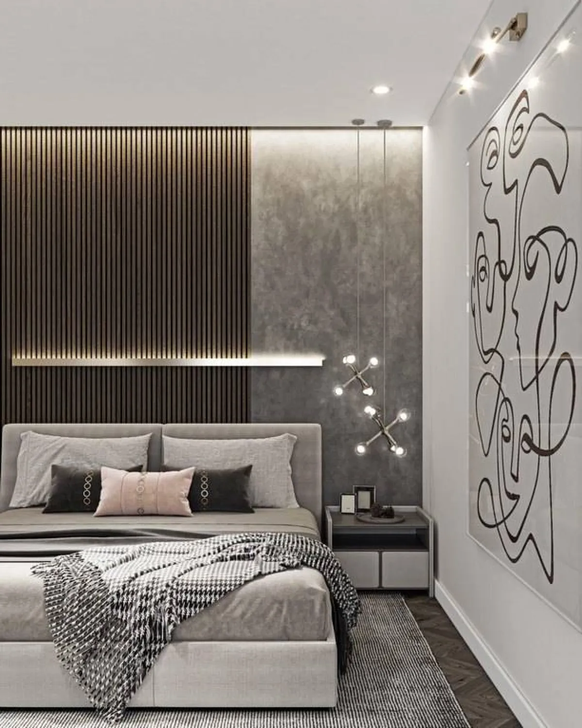 شرائح خشبيّة تكسو الجدار خلف السرير، مع الإضاءة