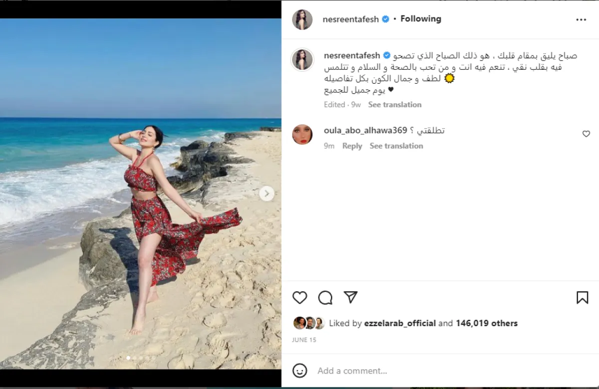 لقطة شاشة من حساب نسرين طافش على انستجرام ويظهر تعليق إحدى المتابعات متسائلة إذا كانت قد تطلقت