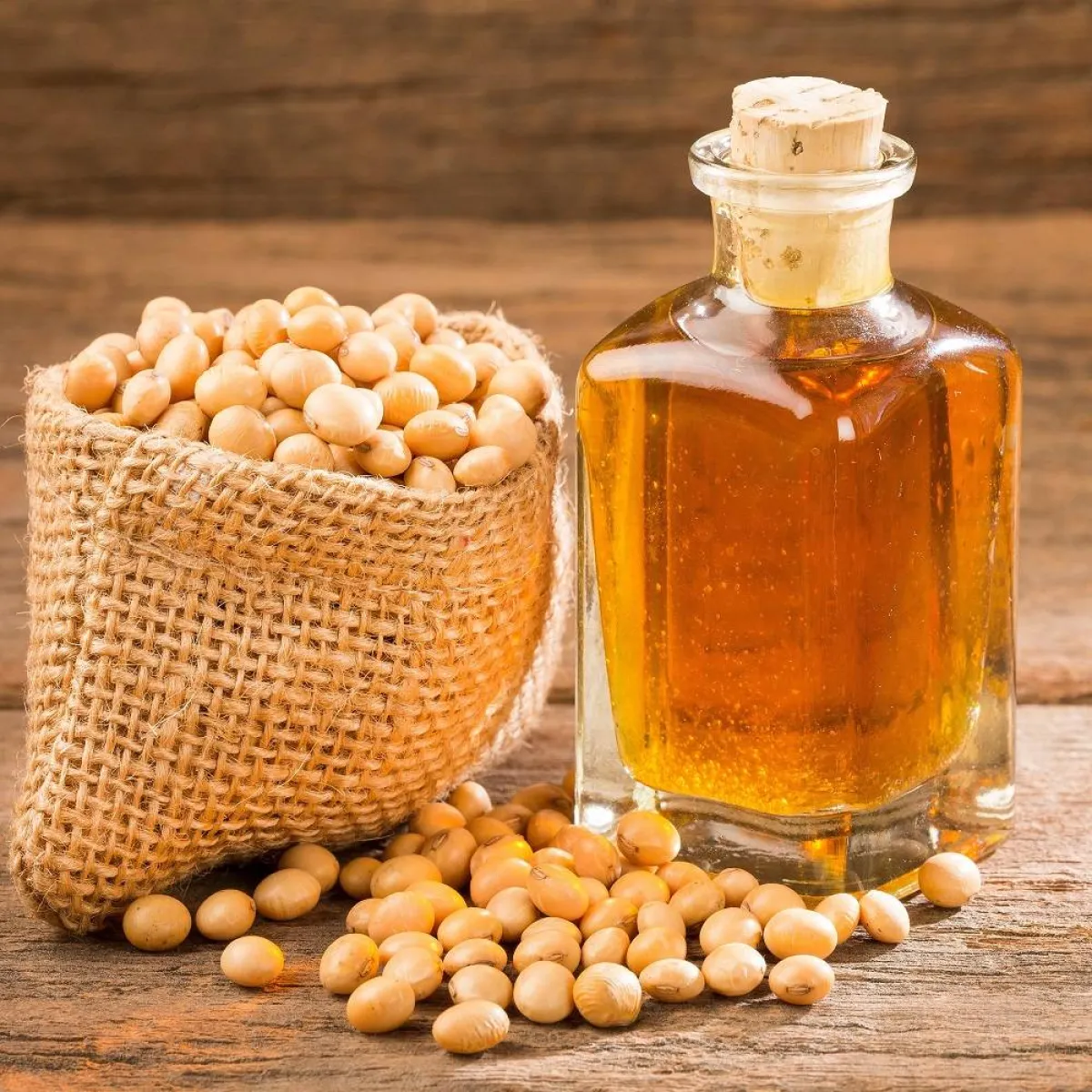 صورة لفول الصويا وزجاجة زيت