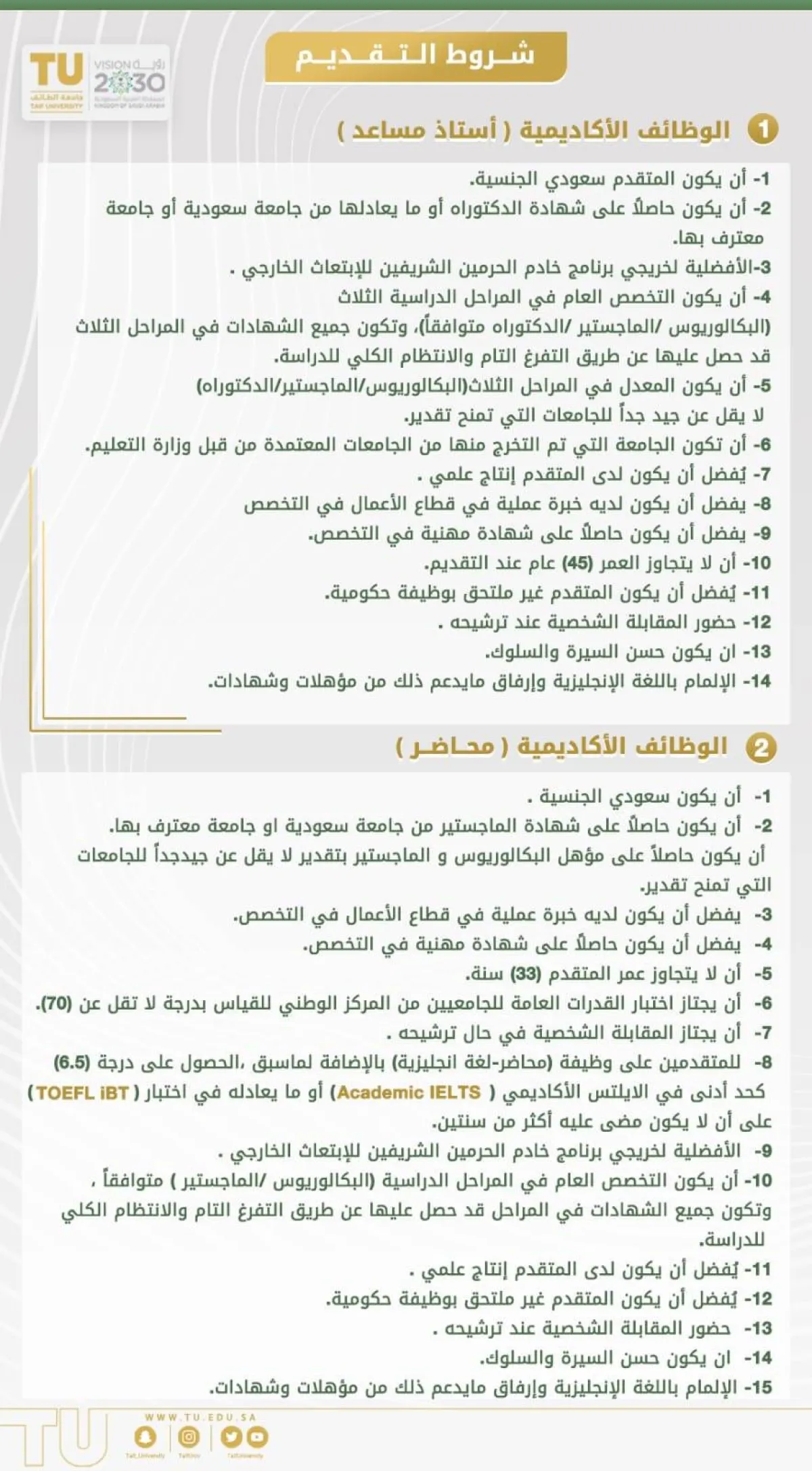 شروط التقديم على وظائف جامعة الطائف - الصورة من حساب الجامعة