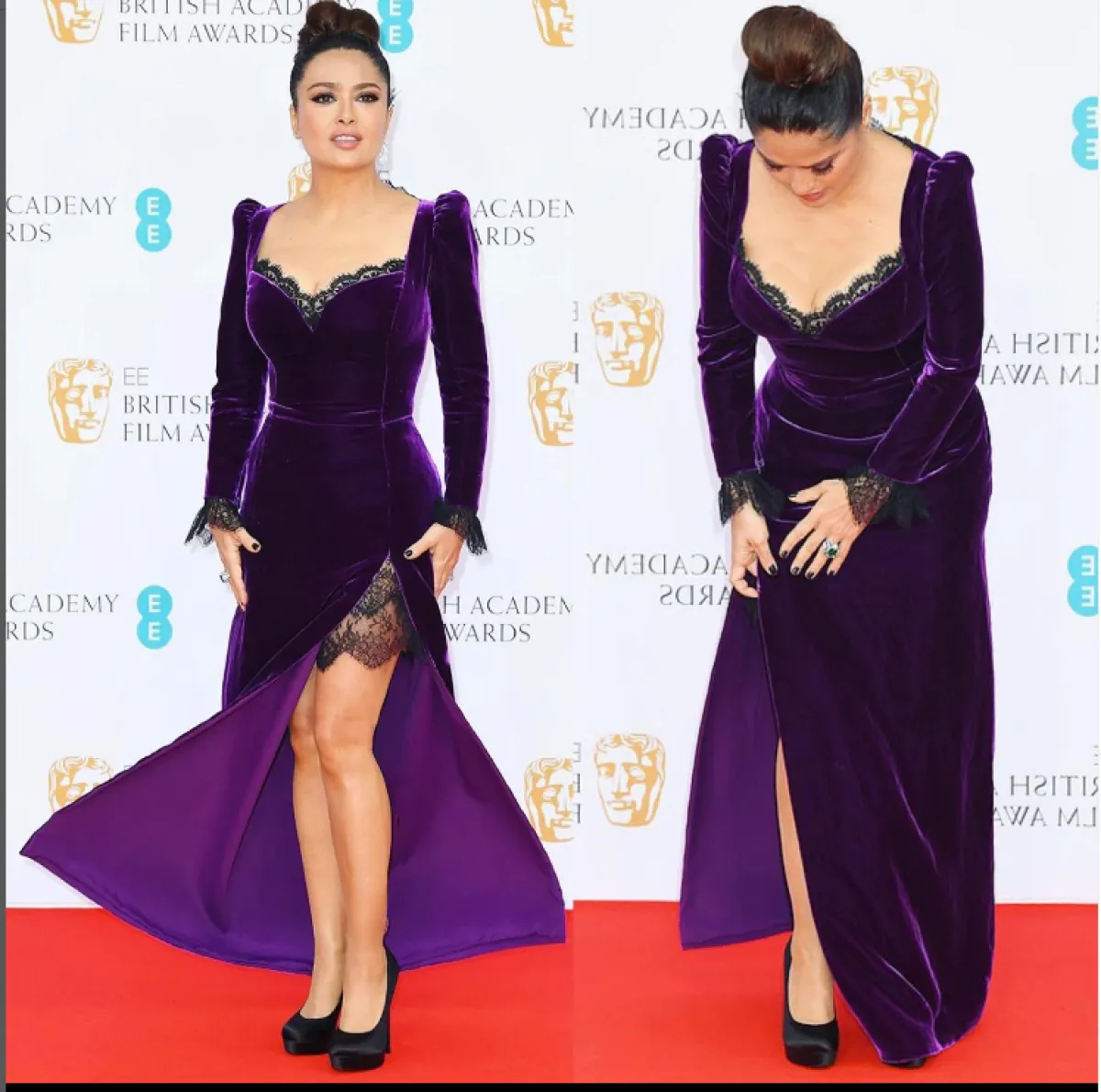 سلمى حايك ترتدي فستاناً من المخمل الباذنجاني