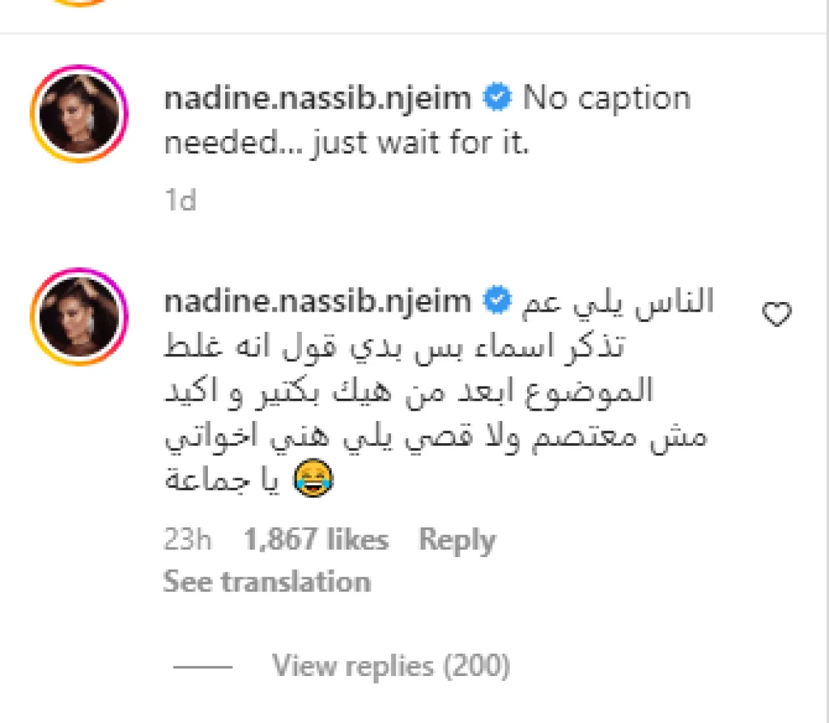 لقطة شاشة من حساب نادين نسيب نجيم على انستغرام