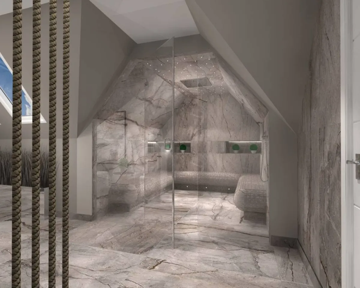 الحمّام مُزوّد بمكان للساونا 