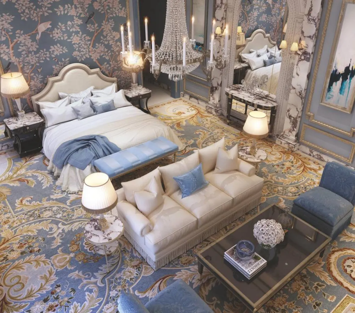 قطع الأثاث والإكسسوارات والأعمال على السقف والجدران والأرضيّة، تنسّق بانسيابيّة، في الفراغ المعماري