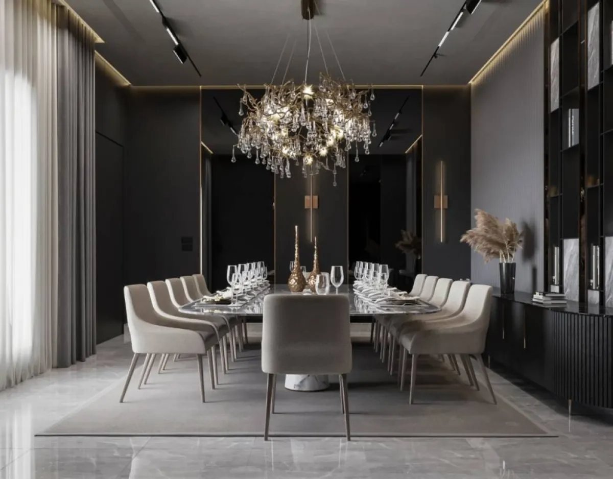 أرضيّة غرفة الطعام الفخمة ملبسة بالبورسلين