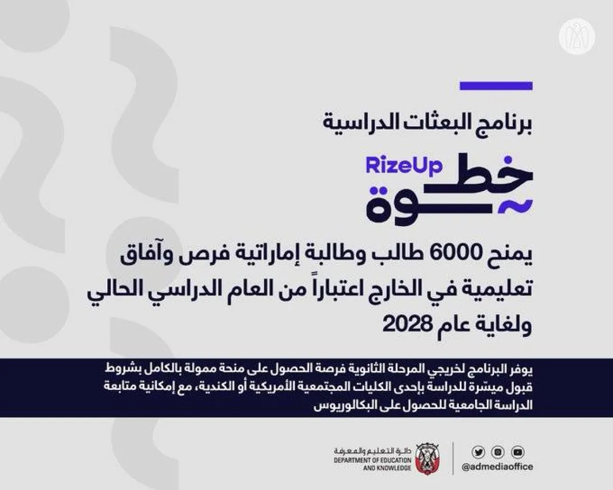 التعليم والمعرفة تطلق برنامج "خطوة" لابتعاث 6 آلاف طالب وطالبة إلى الولايات المتحدة وكندا - الصورة من حساب مكتب أبوظبي الإعلامي على تويتر