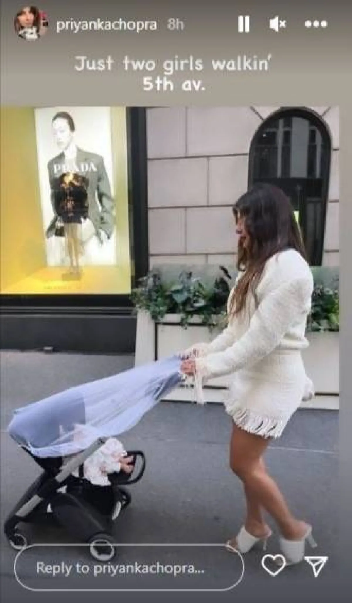 بريانكا شوبرا تجرّ عربة طفلتها مالتي ماري في شوارع نيويورك- الصورة من قصص إنستغرام بريانكا شوبرا