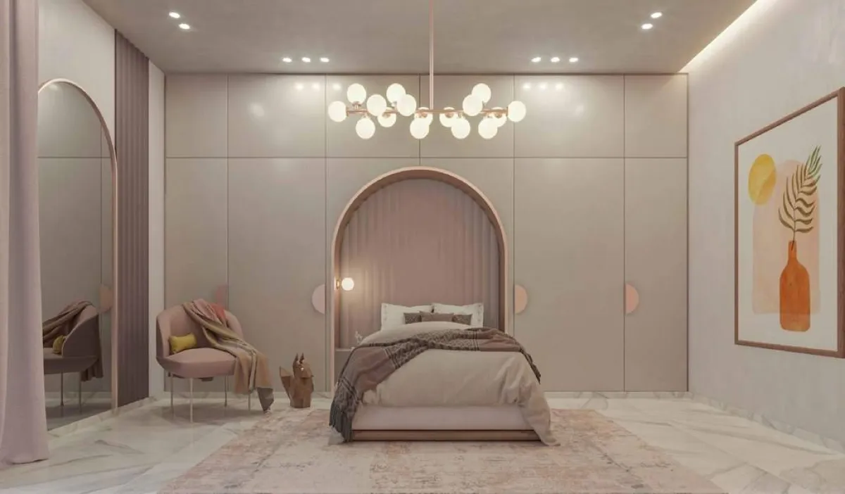 في غرفة النوم الضيّقة، تُستبعد المنضدة الجانبيّة (الصورة من أعمال مهندسة الديكور الداخلي سارة المطيري) 