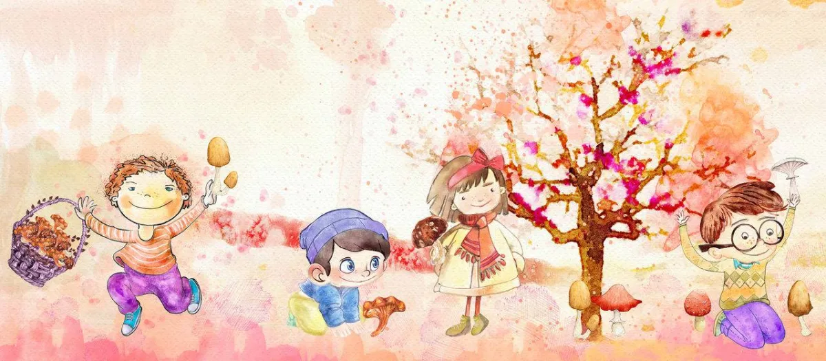 صورة لأطفال يجمعون أوراق الخريف