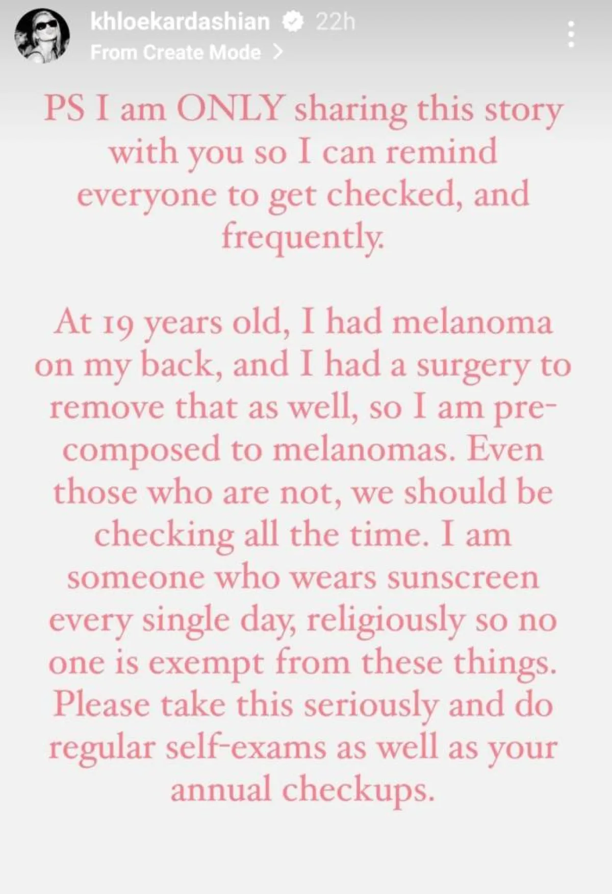 كلوي كارداشيان تكشف إصابتها بسرطان الجلد في سن الـ 19- الصورة من قصص إنستغرام الخاصة بها