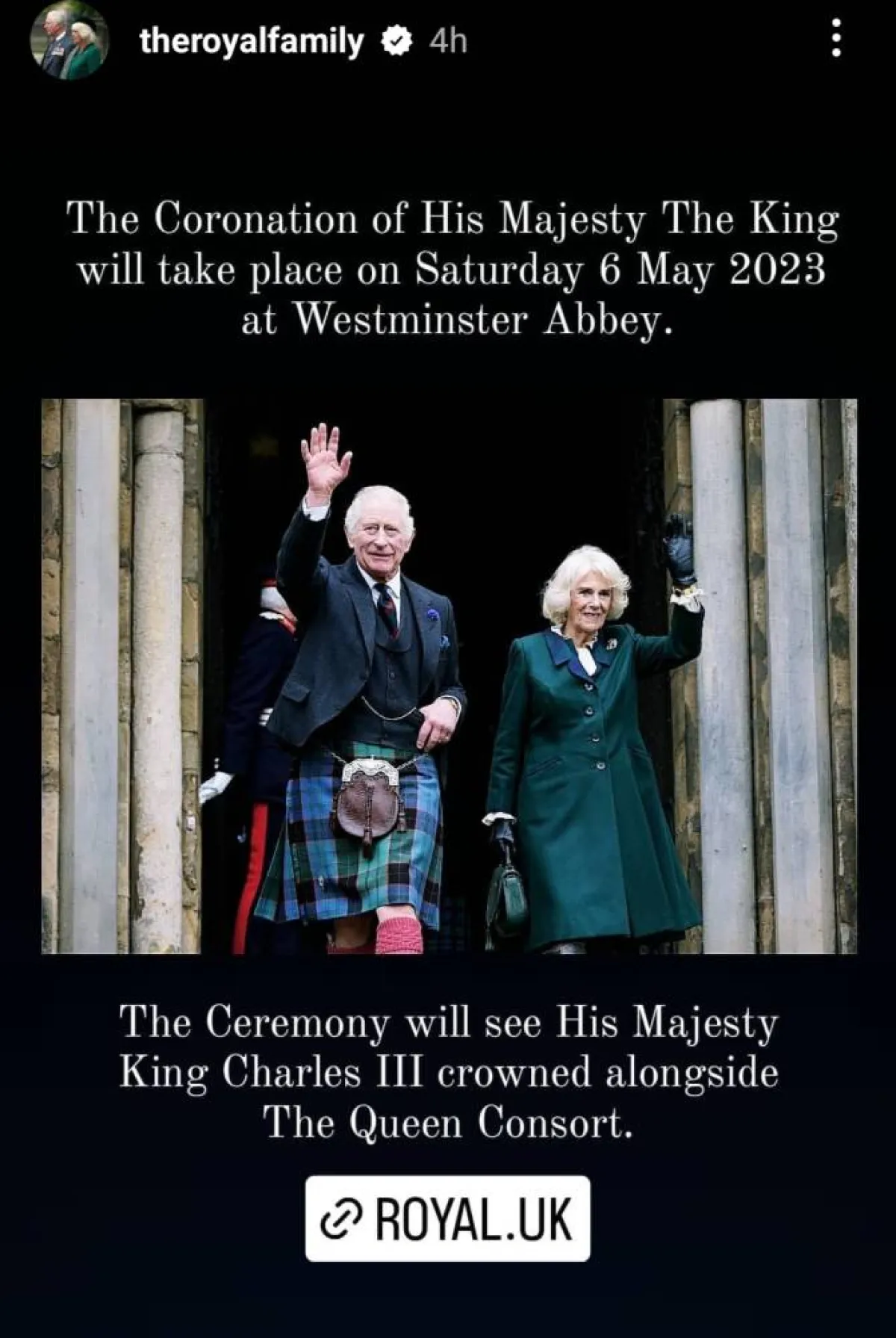 قصر باكنغهام يعلن موعد تتويج الملك تشارلز- الصورة من قصص إنستغرام The Royal Family